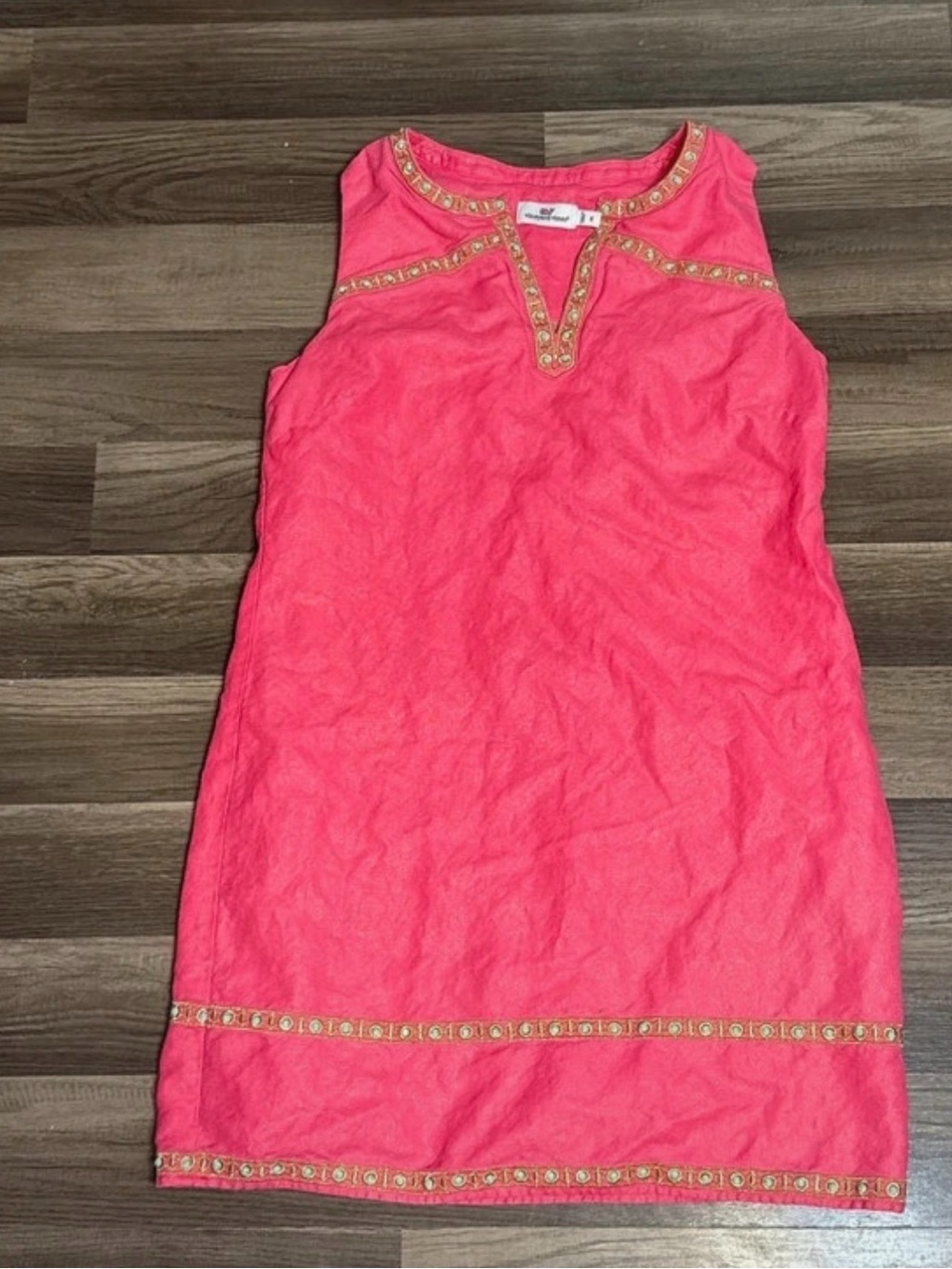 Vineyard Vines Shimmer Linen Sleeveless Tunic Dress Size 6 Gold Embroidered